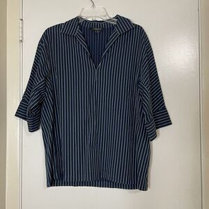 LAFAYETTE 148 New York navy green stripe short sleeve blouse top size medium
